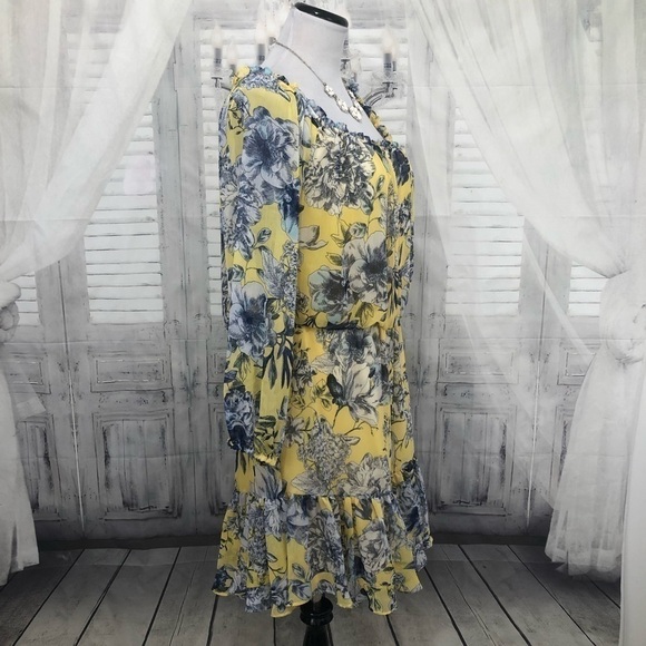 Tommy Hilfiger Large Dress Yellow Blue Floral Crinkle Chiffon Off-the-Shoulder - Picture 8 of 12